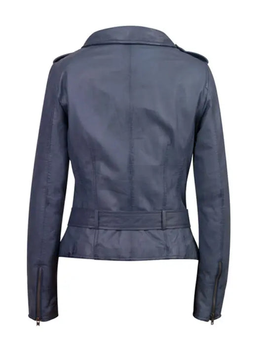 Women’s Slimfit Classic Belted Distressed Blue Leather Jacket - fashonic