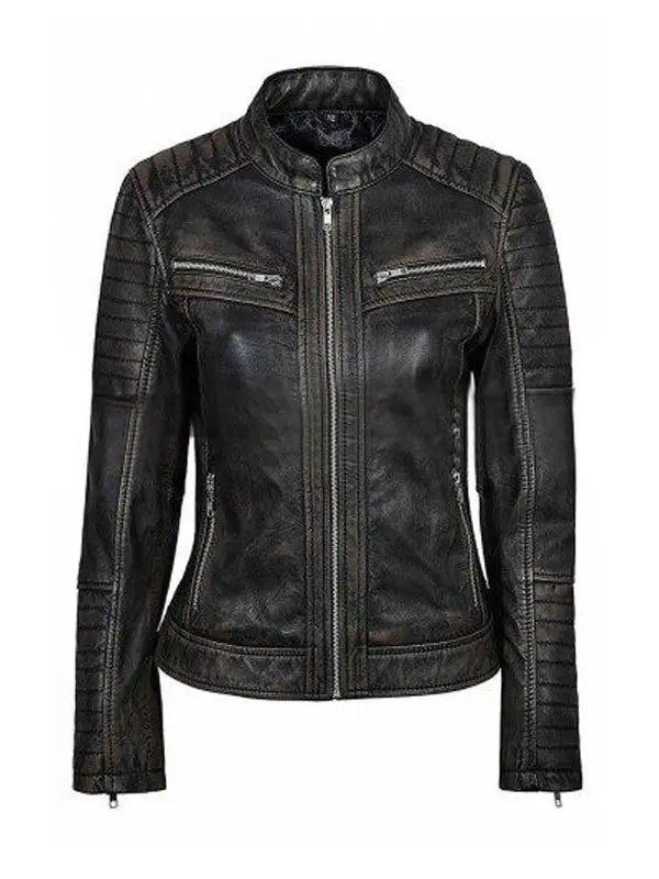 Women’s Slimfit Distressed Black Cafe Racer Jacket - fashonic