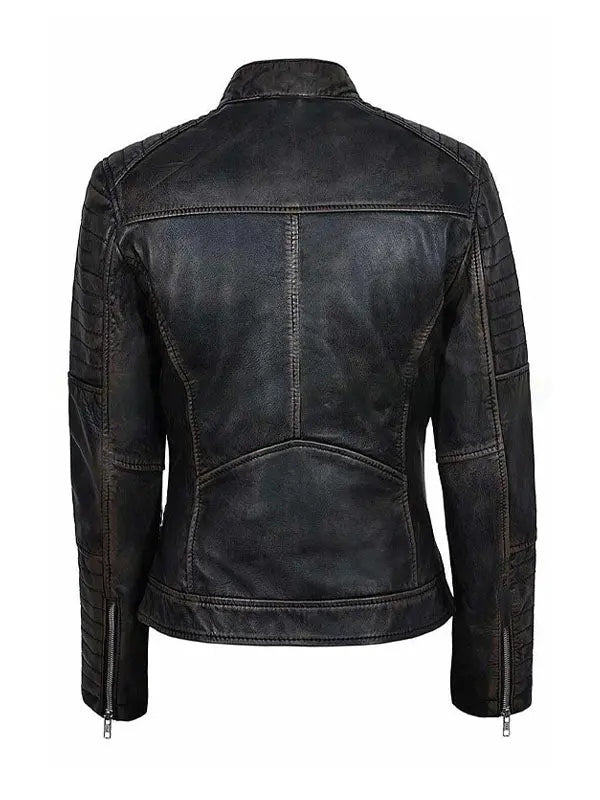 Women’s Slimfit Distressed Black Cafe Racer Jacket - fashonic