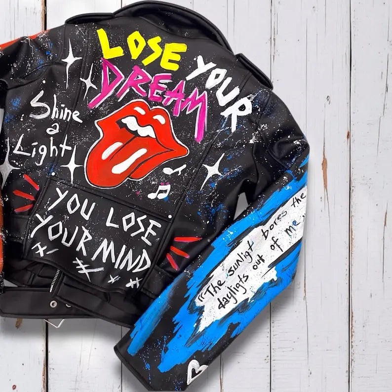 Rolling Stones, Rock 'n Roll, Hand-Painted Leather Jacket - fashonic