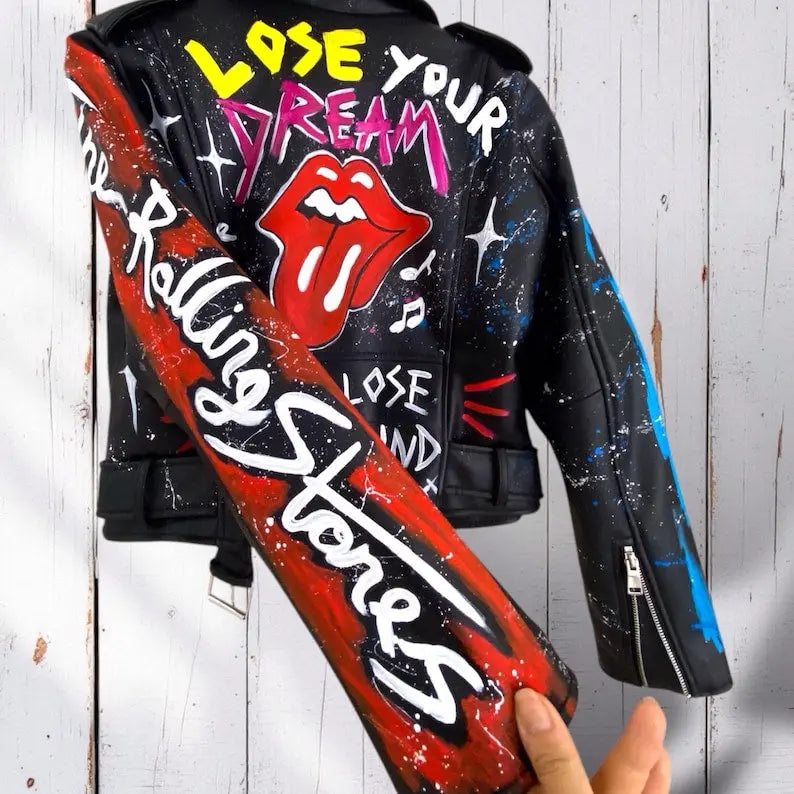 Rolling Stones, Rock 'n Roll, Hand-Painted Leather Jacket - fashonic
