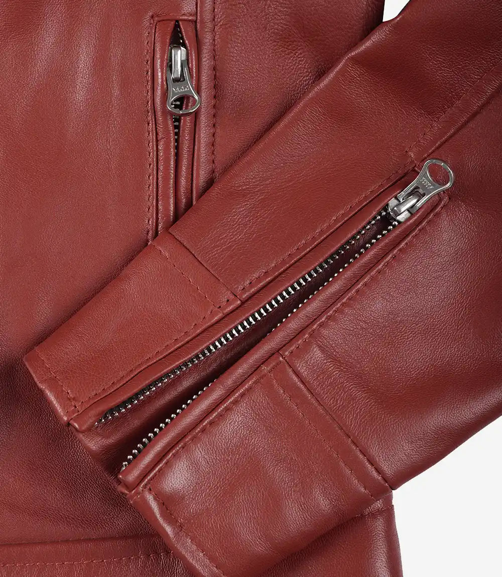 Dodge Women's Cafe Racer Red Leather Jacket
