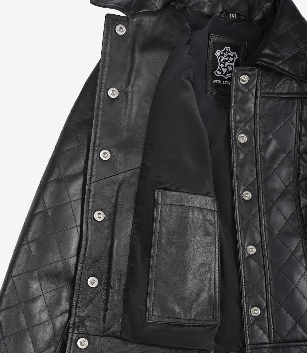 Women's Quilted Textured Black Leather Jacket Shirt Collar