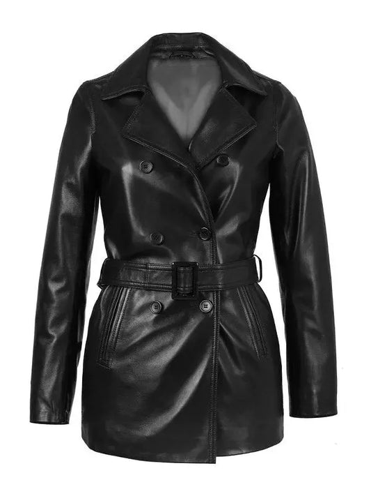Carissa Womens Belted 3/4 Leather Coat - fashonic