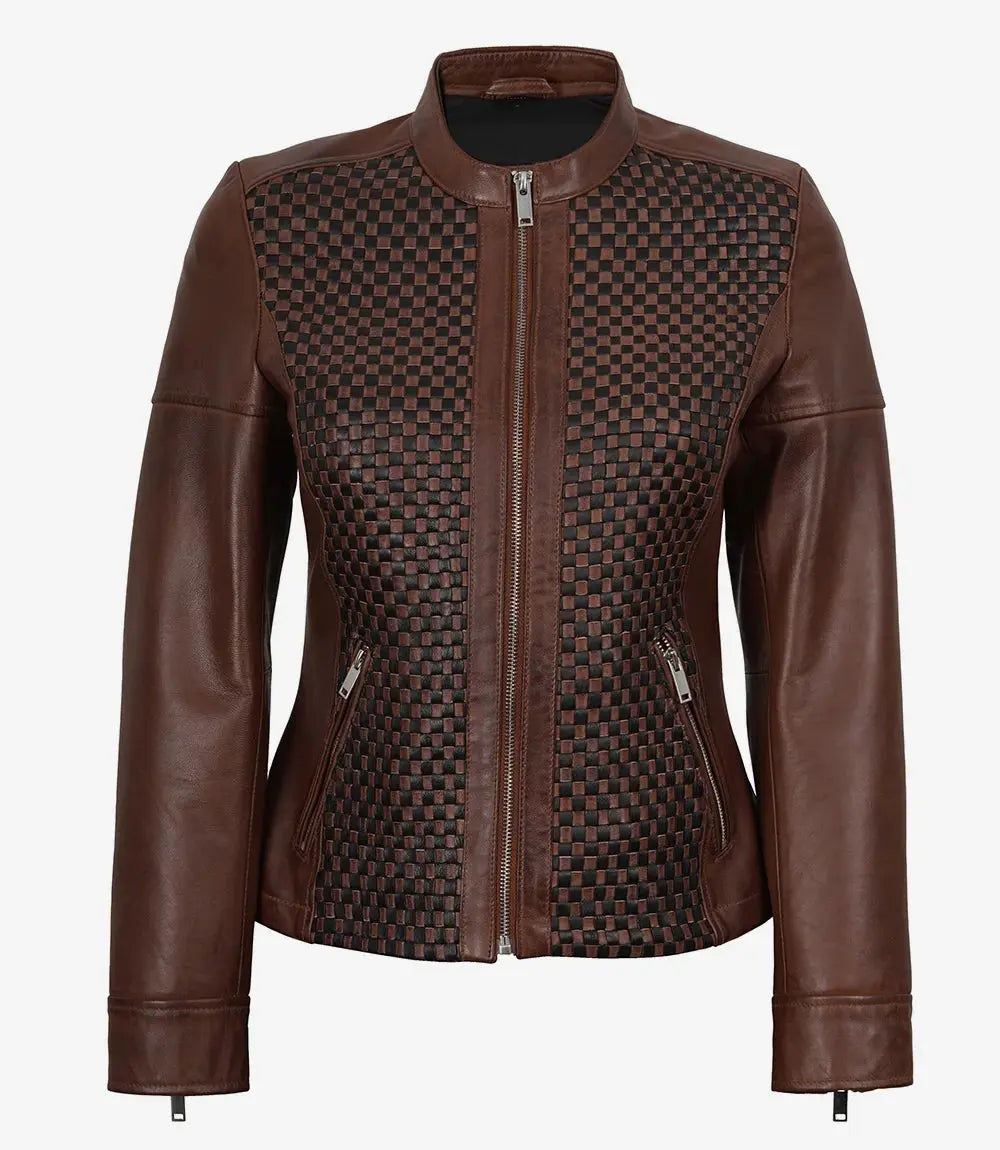 Cognac Wax Women's Leather Cafe Racer Jacket — Textured