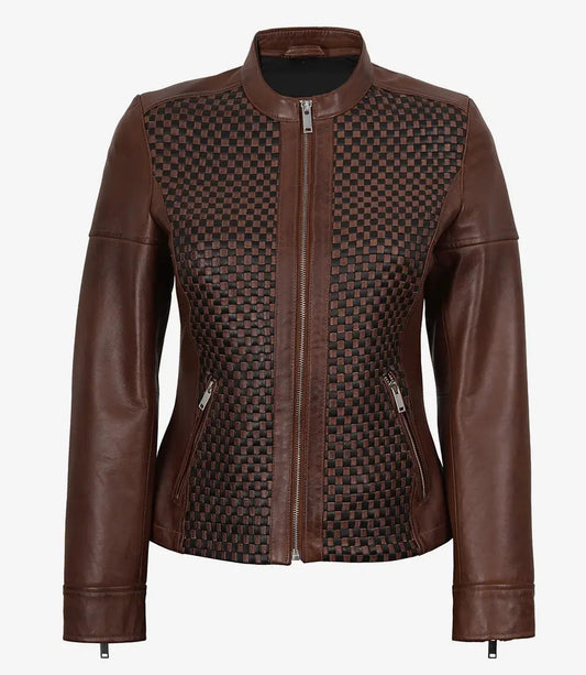 Cognac Wax Women's Leather Cafe Racer Jacket — Textured