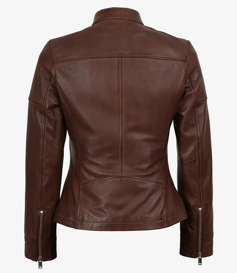 Cognac Wax Women's Leather Cafe Racer Jacket — Textured