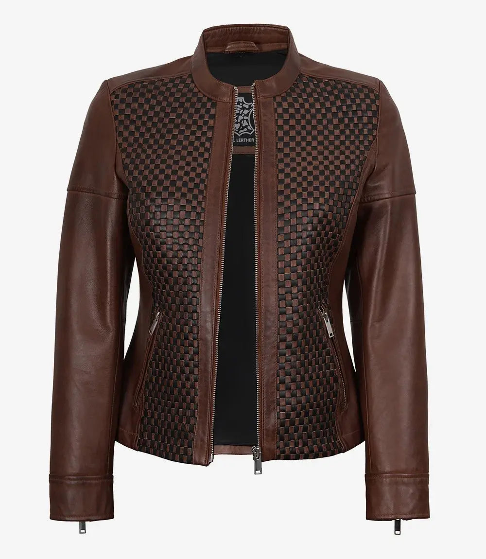 Cognac Wax Women's Leather Cafe Racer Jacket — Textured