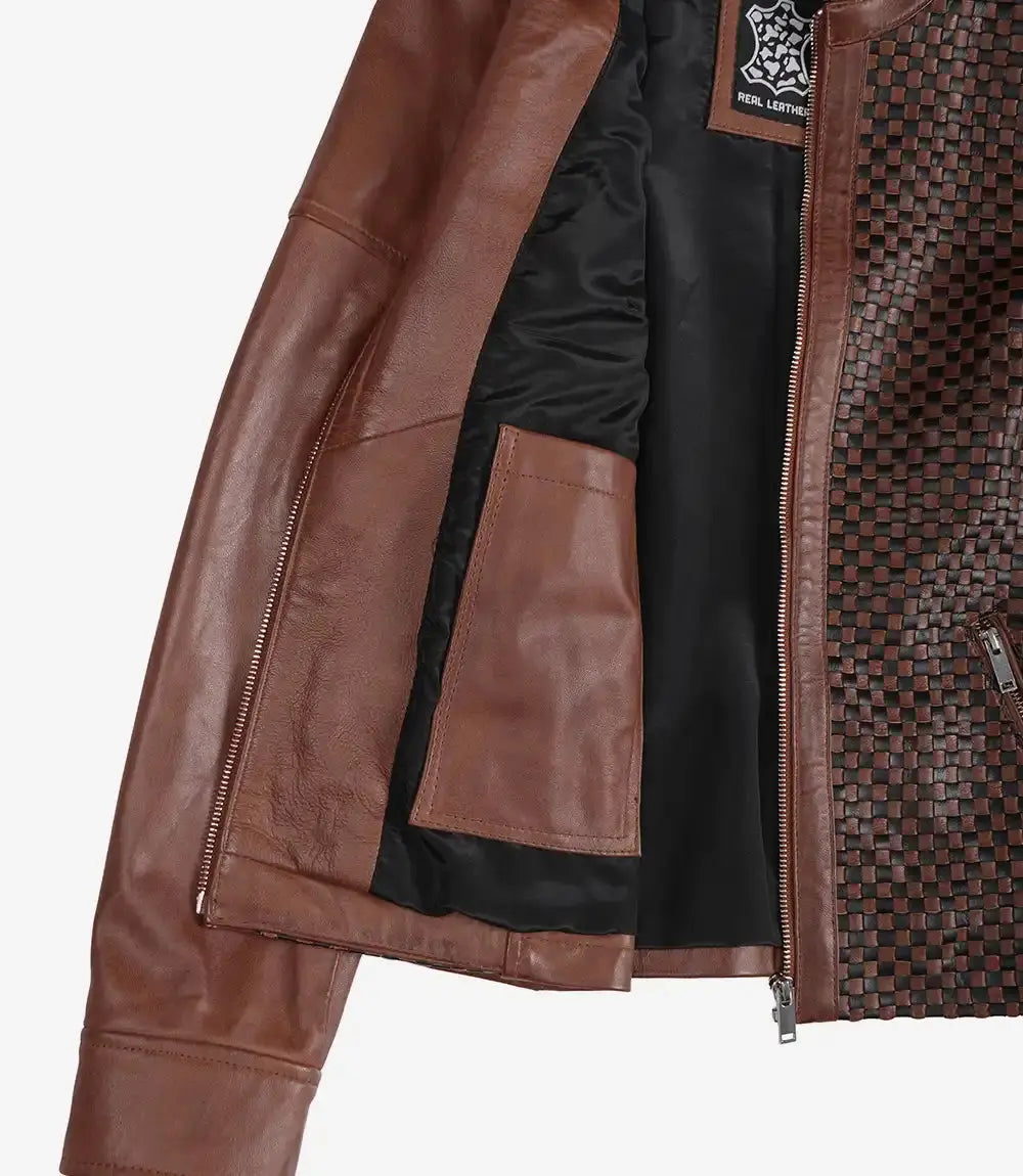 Cognac Wax Women's Leather Cafe Racer Jacket — Textured