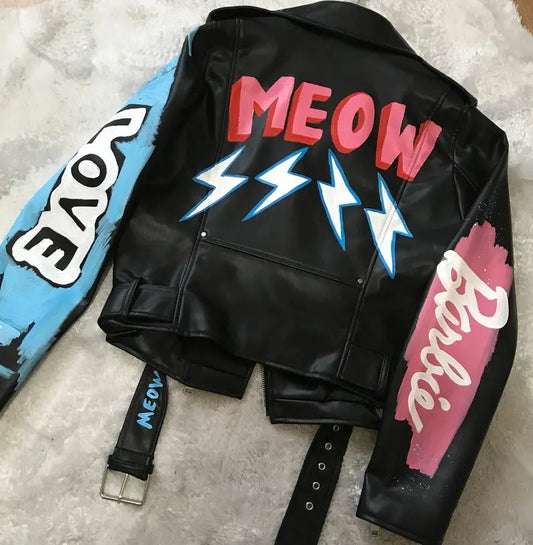 Custom Text Jacket Painted Faux Leather Motorcycle Jacket Danger - fashonic