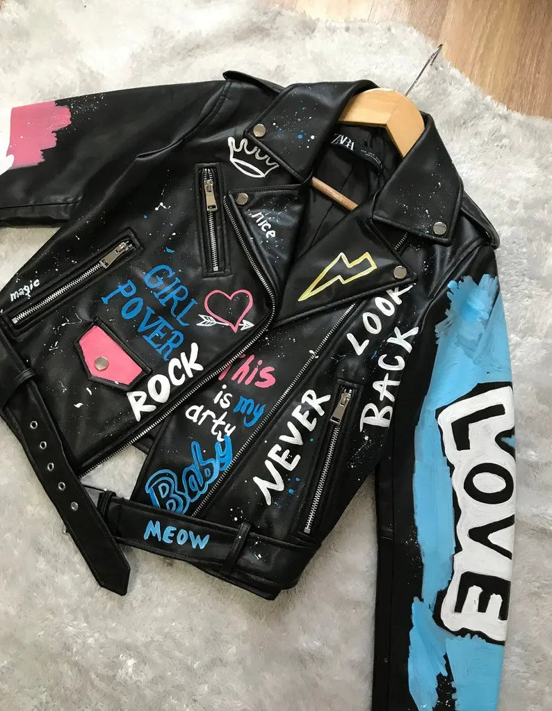 Custom Text Jacket Painted Faux Leather Motorcycle Jacket Danger - fashonic