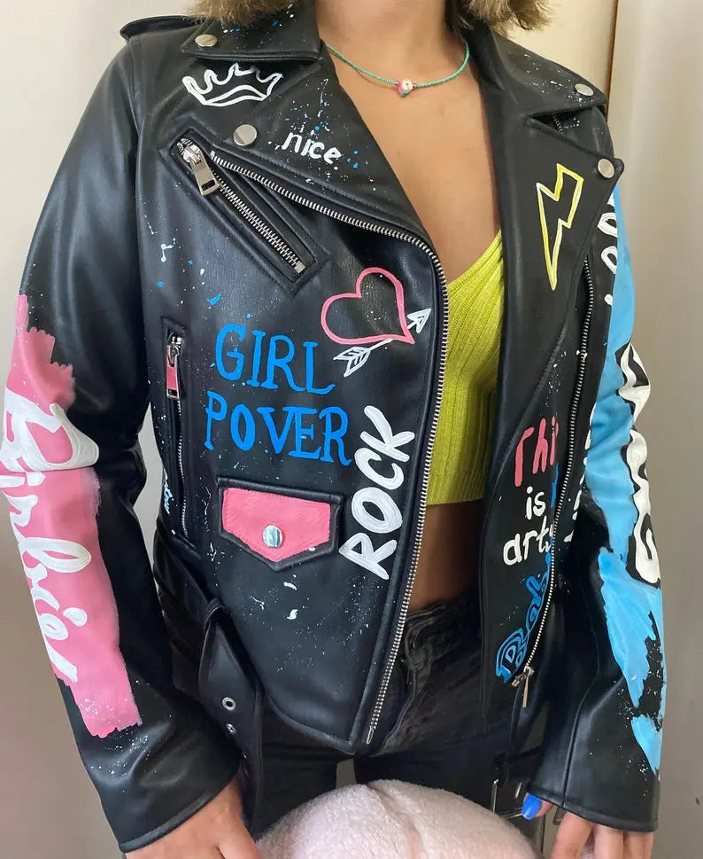 Custom Text Jacket Painted Faux Leather Motorcycle Jacket Danger - fashonic