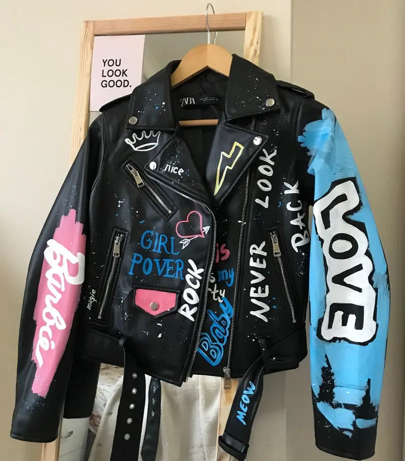 Custom Text Jacket Painted Faux Leather Motorcycle Jacket Danger - fashonic