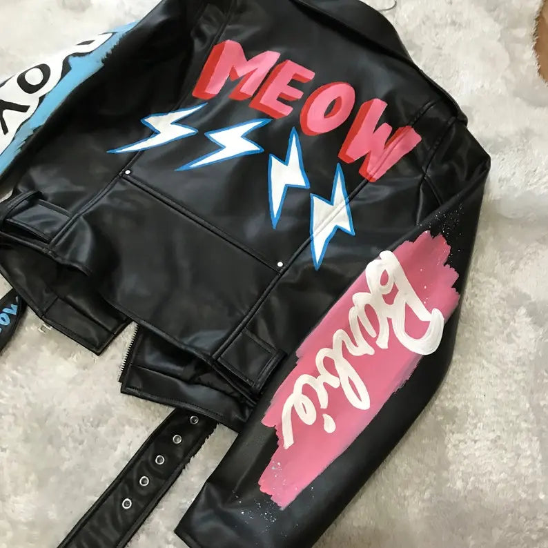 Custom Text Jacket Painted Faux Leather Motorcycle Jacket Danger - fashonic