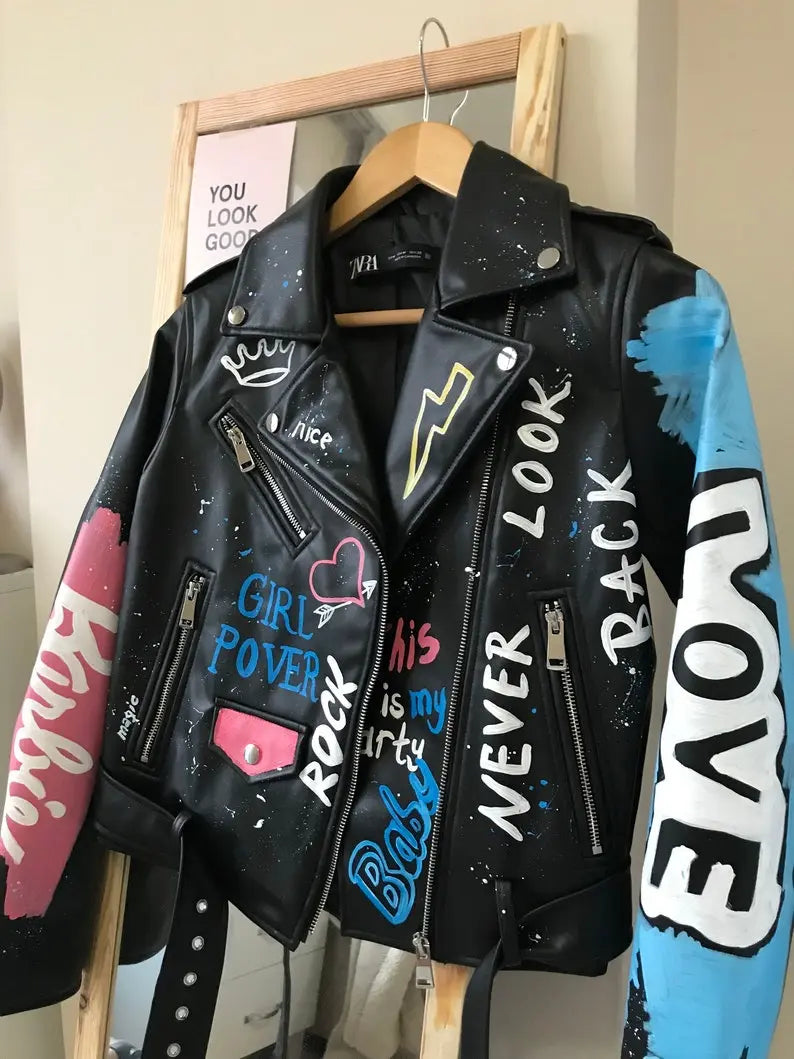 Custom Text Jacket Painted Faux Leather Motorcycle Jacket Danger - fashonic