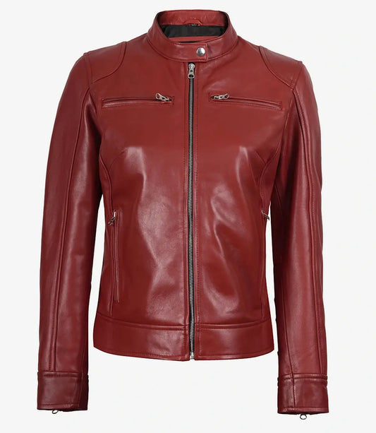 Dodge Women's Cafe Racer Red Leather Jacket