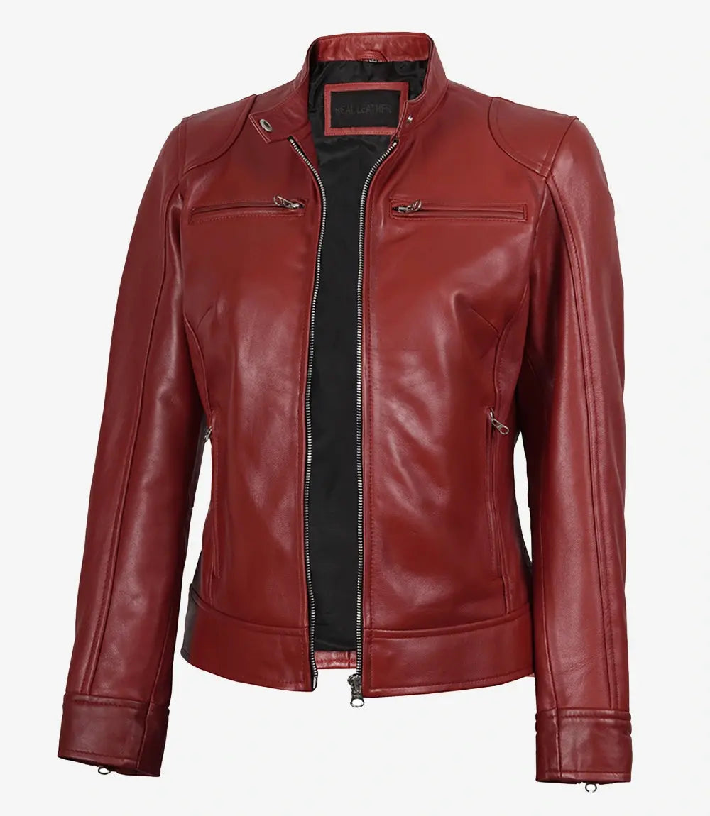 Dodge Women's Cafe Racer Red Leather Jacket