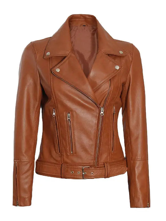 Elisa Women’s Asymmetrical Brown Leather Jacket - fashonic