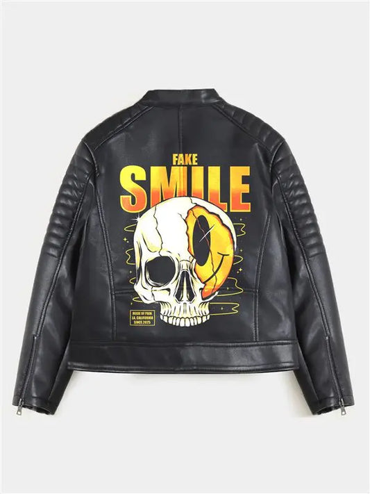 Hand Painted Fake Smile Leather Jacket - fashonic