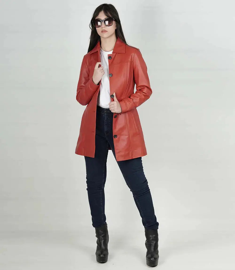 Kandis Women's Red Real Leather Car Coat