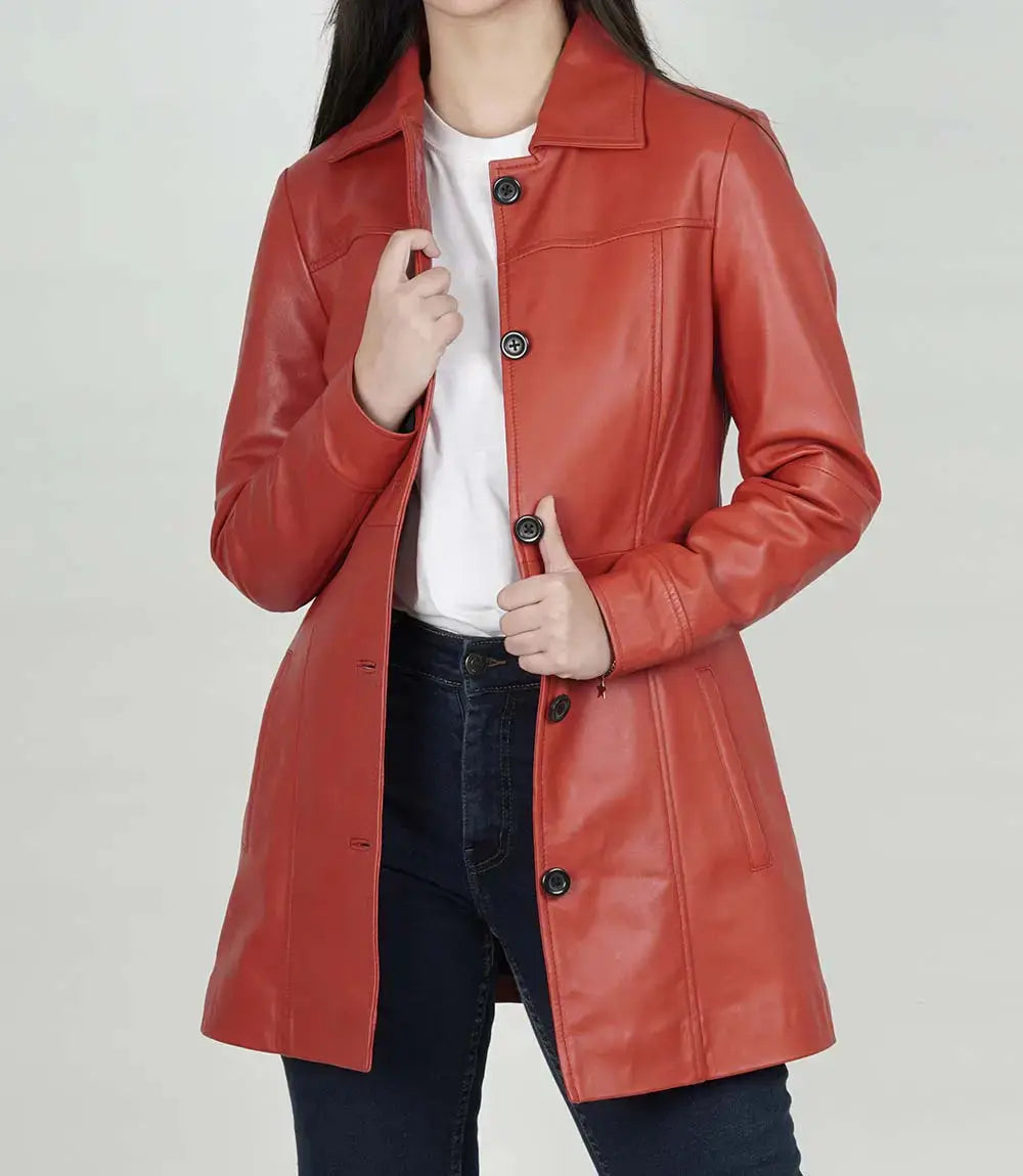 Kandis Women's Red Real Leather Car Coat