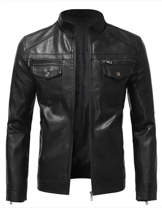 Men Slimfit Stand Collar Flap Pocket Leather Jacket - fashonic
