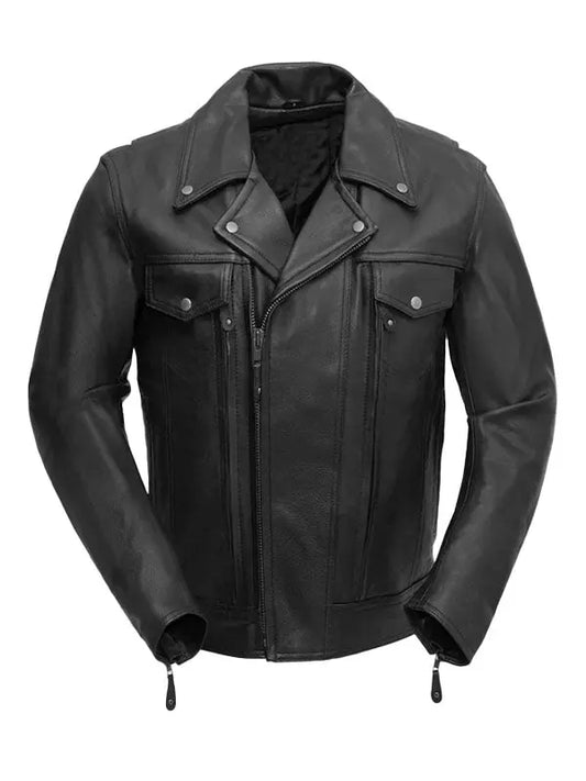 Men’s Asymmetrical Biker Black Leather Jacket - fashonic