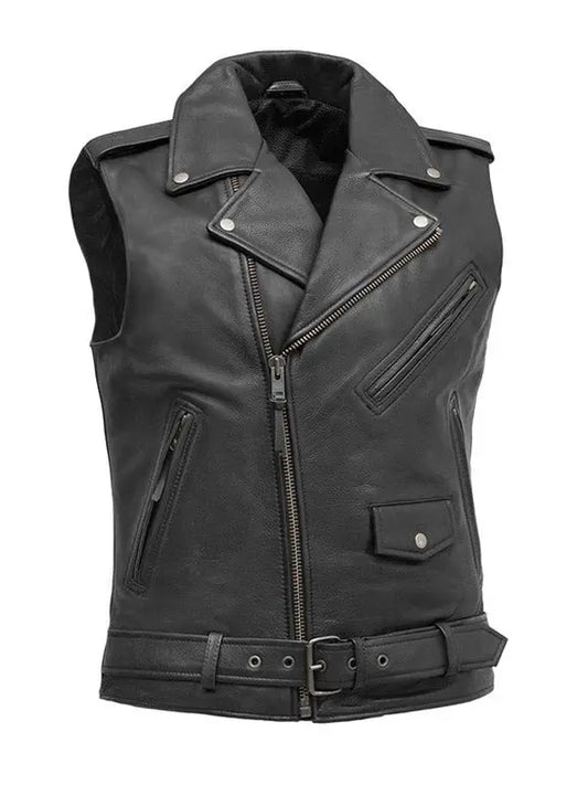 Men’s Belted Style Black Leather Biker Vest - fashonic