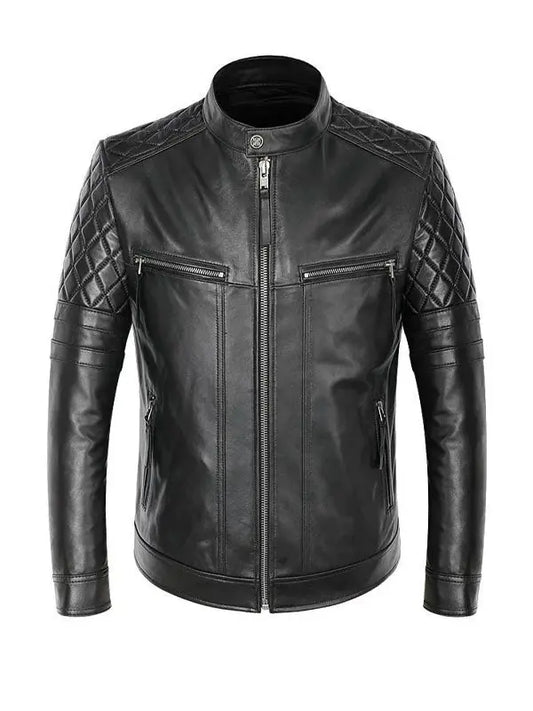 Men’s Biker Quilted Shoulder Black Leather Jacket - fashonic