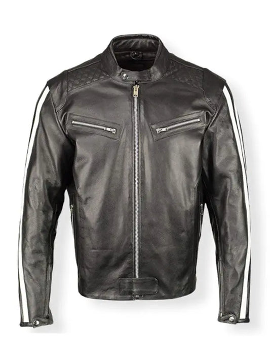 Men’s Biker Racing White Stripe Black Leather Jacket - fashonic