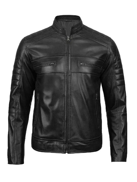Men’s Black Cafe Racer Biker Motorcycle Leather Jacket - fashonic