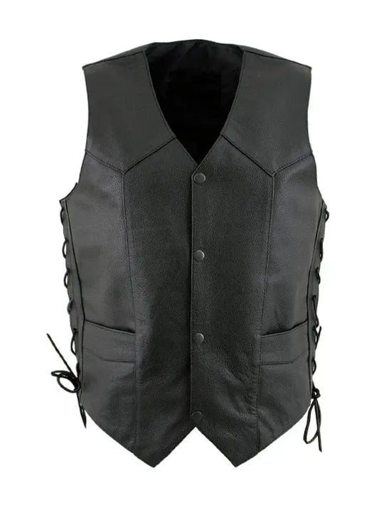 Men’s Black Sheepskin Leather Biker Lace Up Vest - fashonic