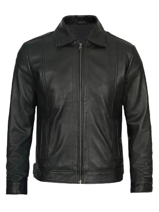 Men’s Black Shirt Style Collar Leather Jacket - fashonic