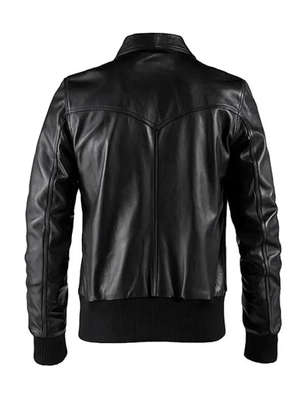 Men’s Bomber Style Shirt Collar Black Leather Jacket - fashonic