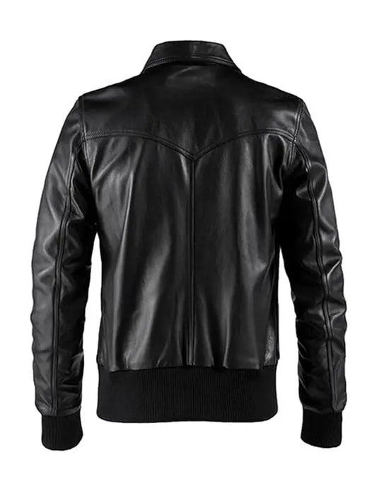Men’s Bomber Style Shirt Collar Black Leather Jacket - fashonic