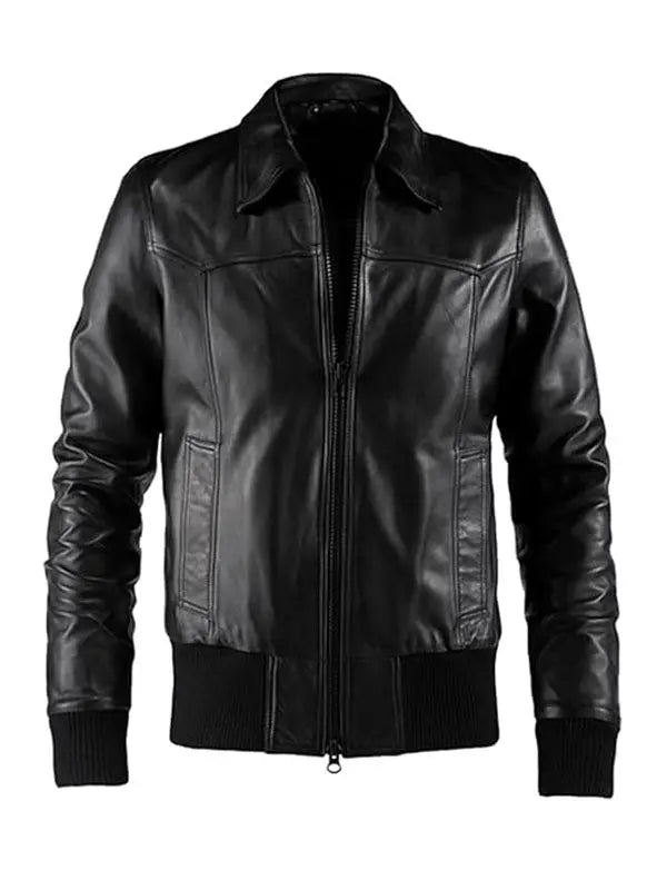 Men’s Bomber Style Shirt Collar Black Leather Jacket - fashonic