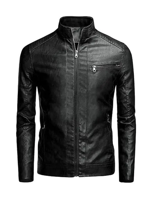 Men’s Casual Biker Stand Collar Black Leather Jacket - fashonic