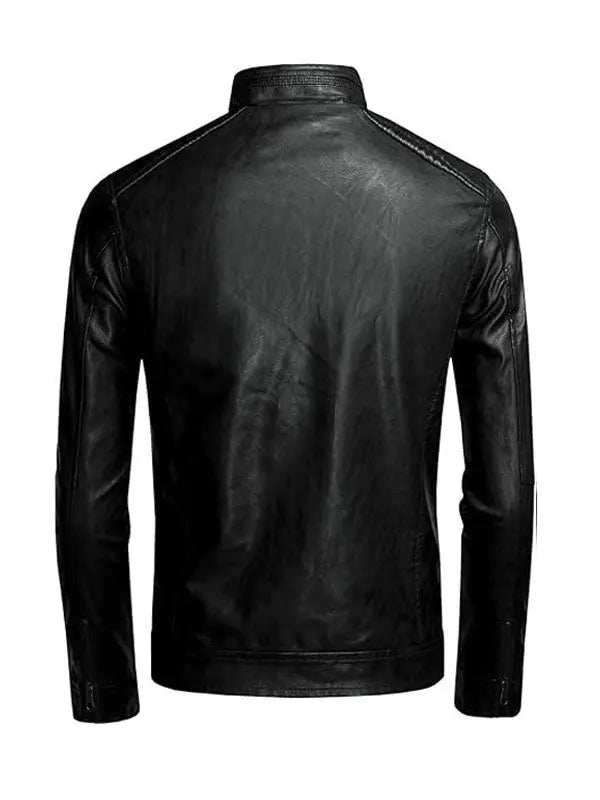 Men’s Casual Biker Stand Collar Black Leather Jacket - fashonic