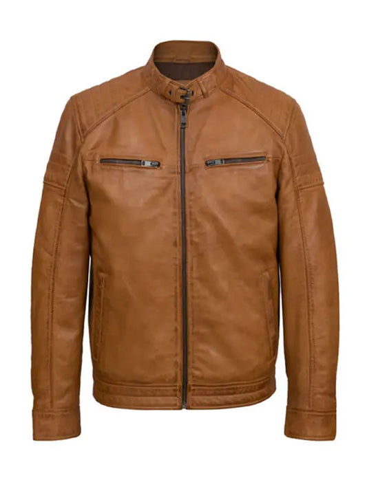 Men’s Casual Biker Tan Brown Leather Jacket - fashonic