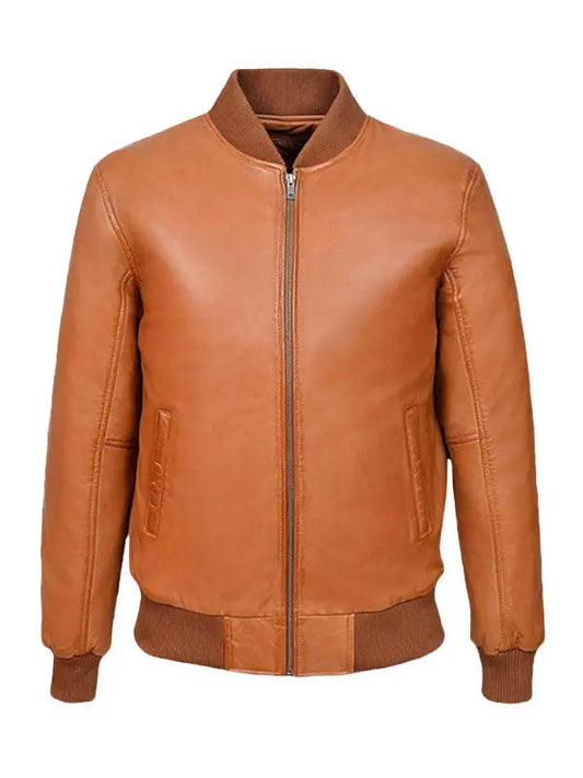 Men’s Classic Bomber Tan Brown Leather Jacket - fashonic