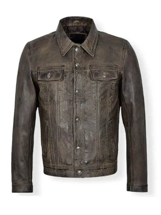 Men’s Classic Trucker Distressed Brown Leather Jacket - fashonic