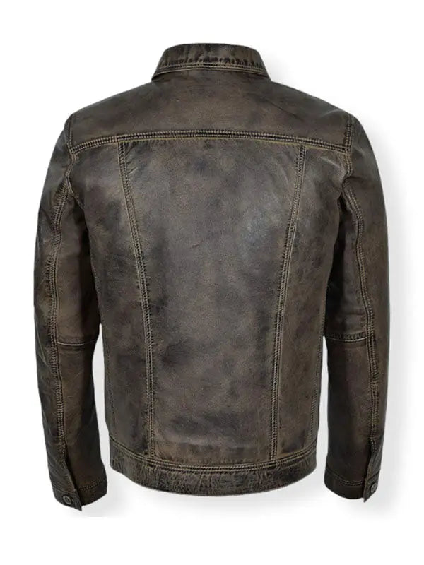 Men’s Classic Trucker Distressed Brown Leather Jacket - fashonic