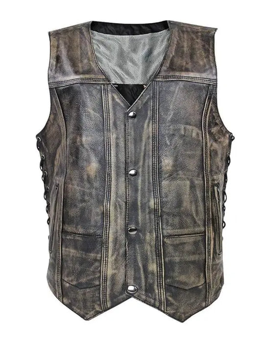 Men’s Cowboy Biker Black Brown Distressed Leather Vest - fashonic