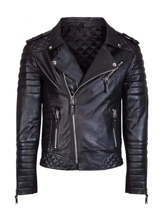 Men’s Diamond Quilted Motorcycle Black Leather Jacket - fashonic