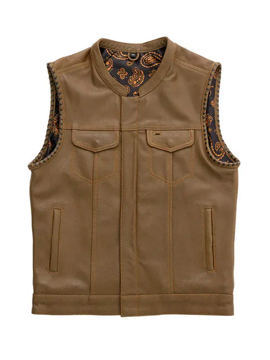 Men’s Light Brown Motor Biker Leather Vest - fashonic