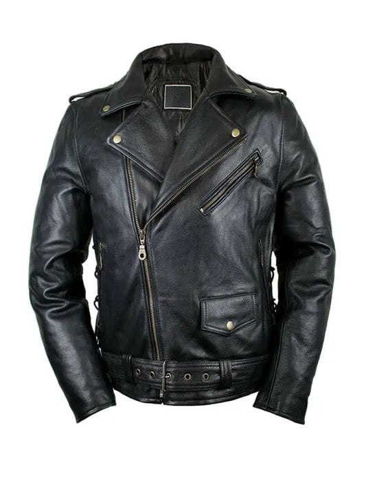 Men’s Motor Biker Belted Black Leather Jacket - fashonic