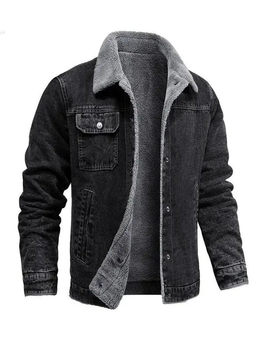 Men’s Slimfit Black Denim Shearling Lining Jacket - fashonic