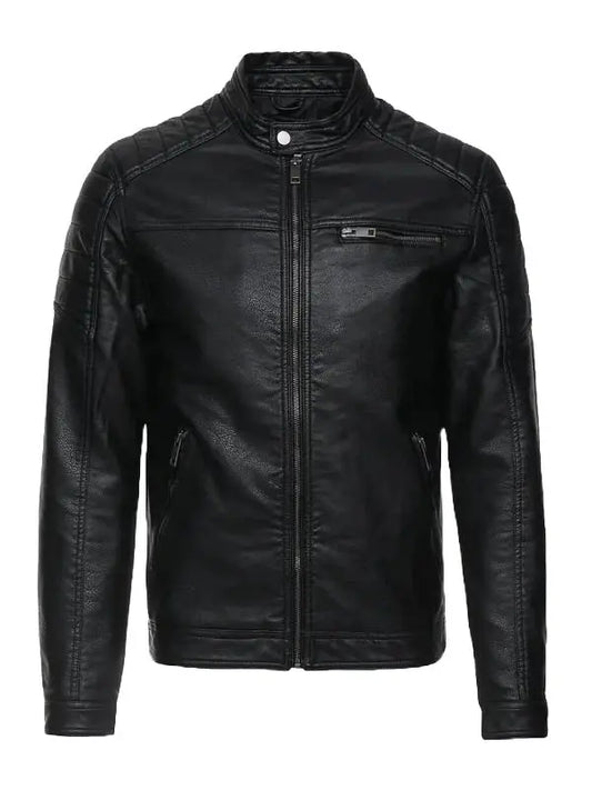 Mens Casual Black Biker Leather Jacket - fashonic