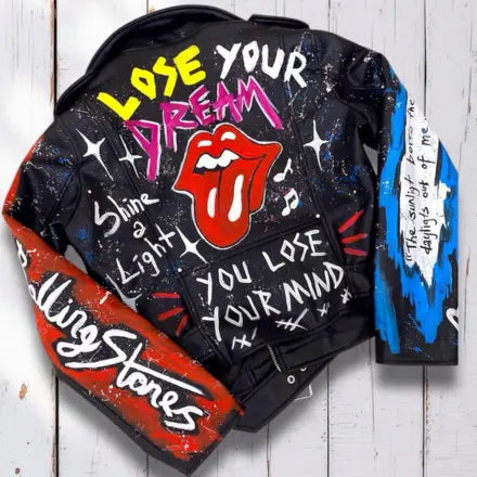 Rolling Stones, Rock 'n Roll, Hand-Painted Leather Jacket - fashonic