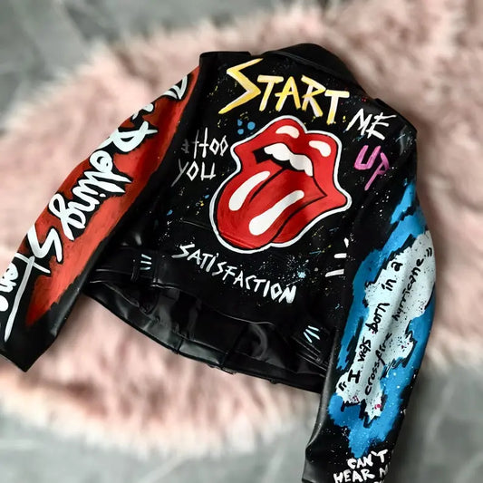 Rolling Stones, Rock 'n Roll, Hand-Painted Leather Jacket - fashonic